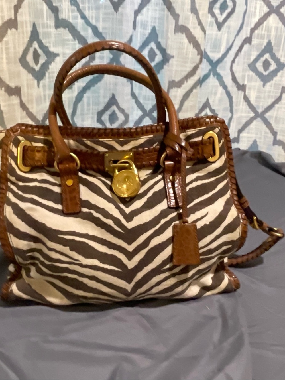Michael Kors Zebra-Print Satchel with Brown Trim and Gold Hardware